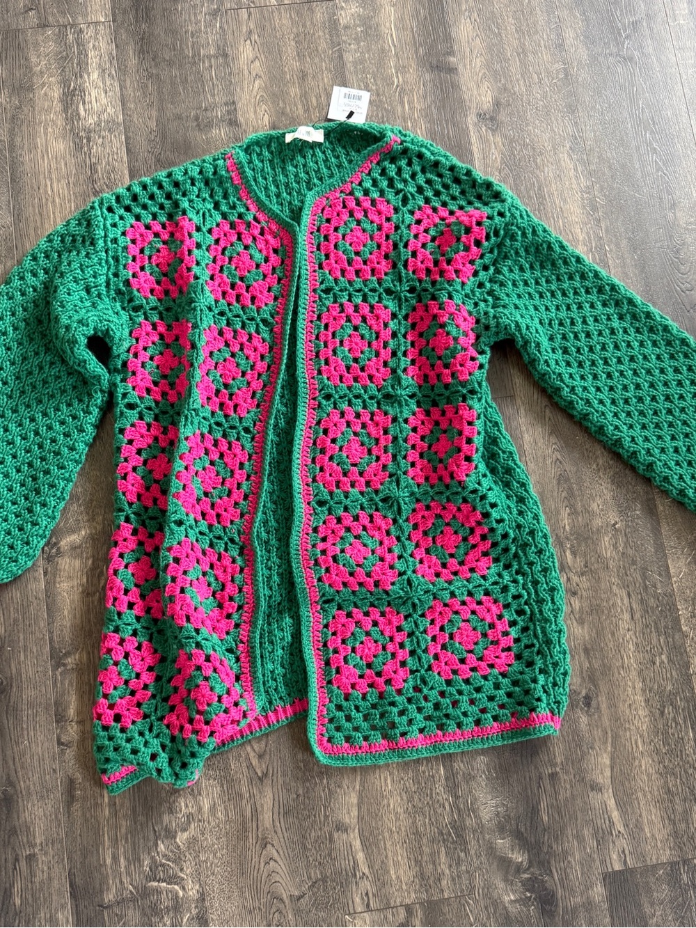 Green and Pink Crochet Open-Front Cardigan Sweater